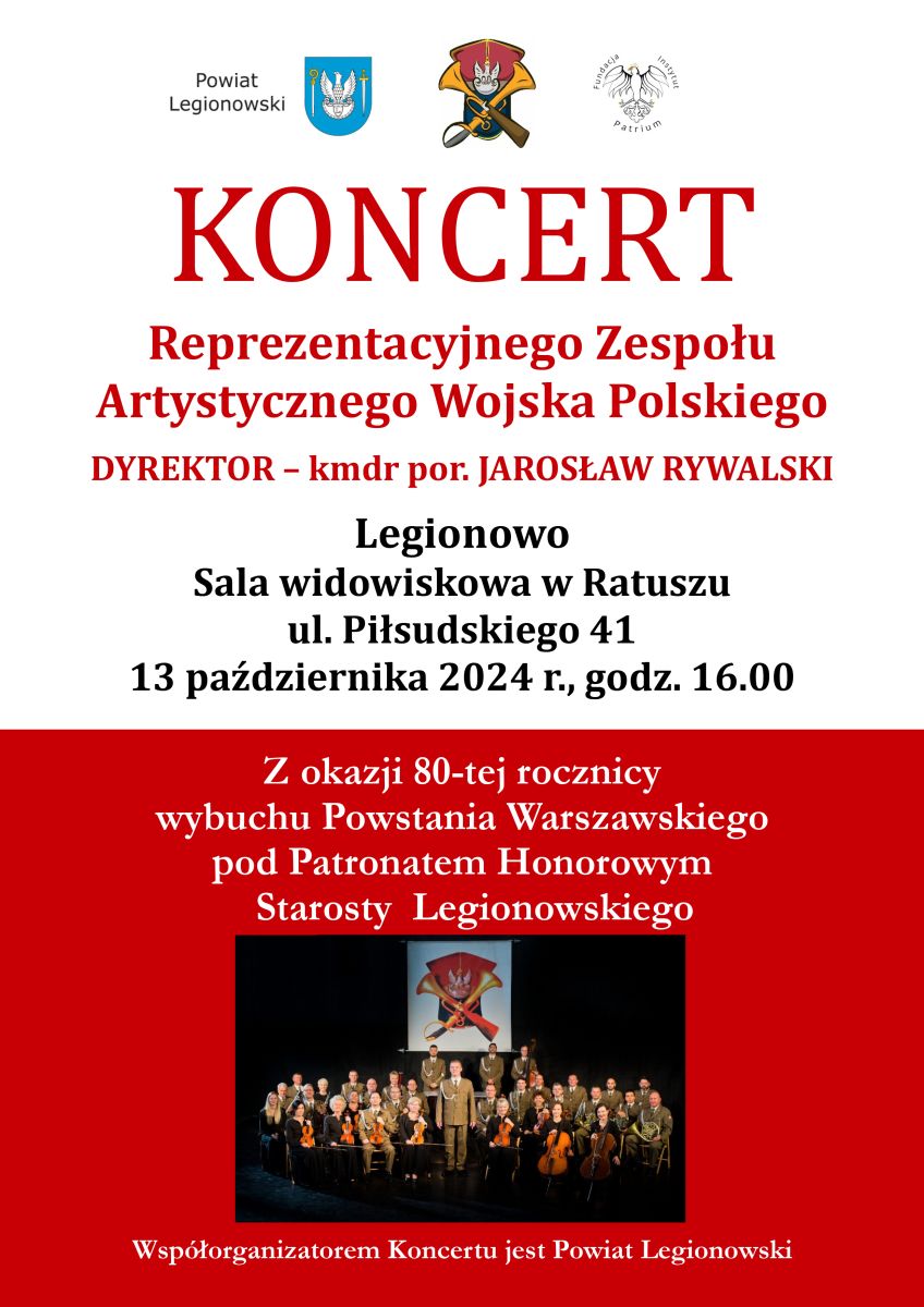 plakat zapraszający na koncert z udziałem RZAWP na górze herby i logotypy organizatorów