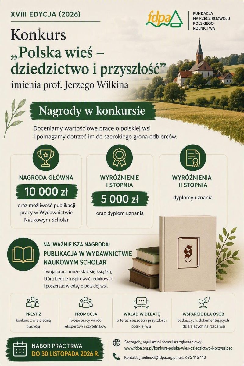 W zielonej stylistyce utrzymany plakat dotyczący konkursu o polskiej wsi, dziedzictwie i przyszłości