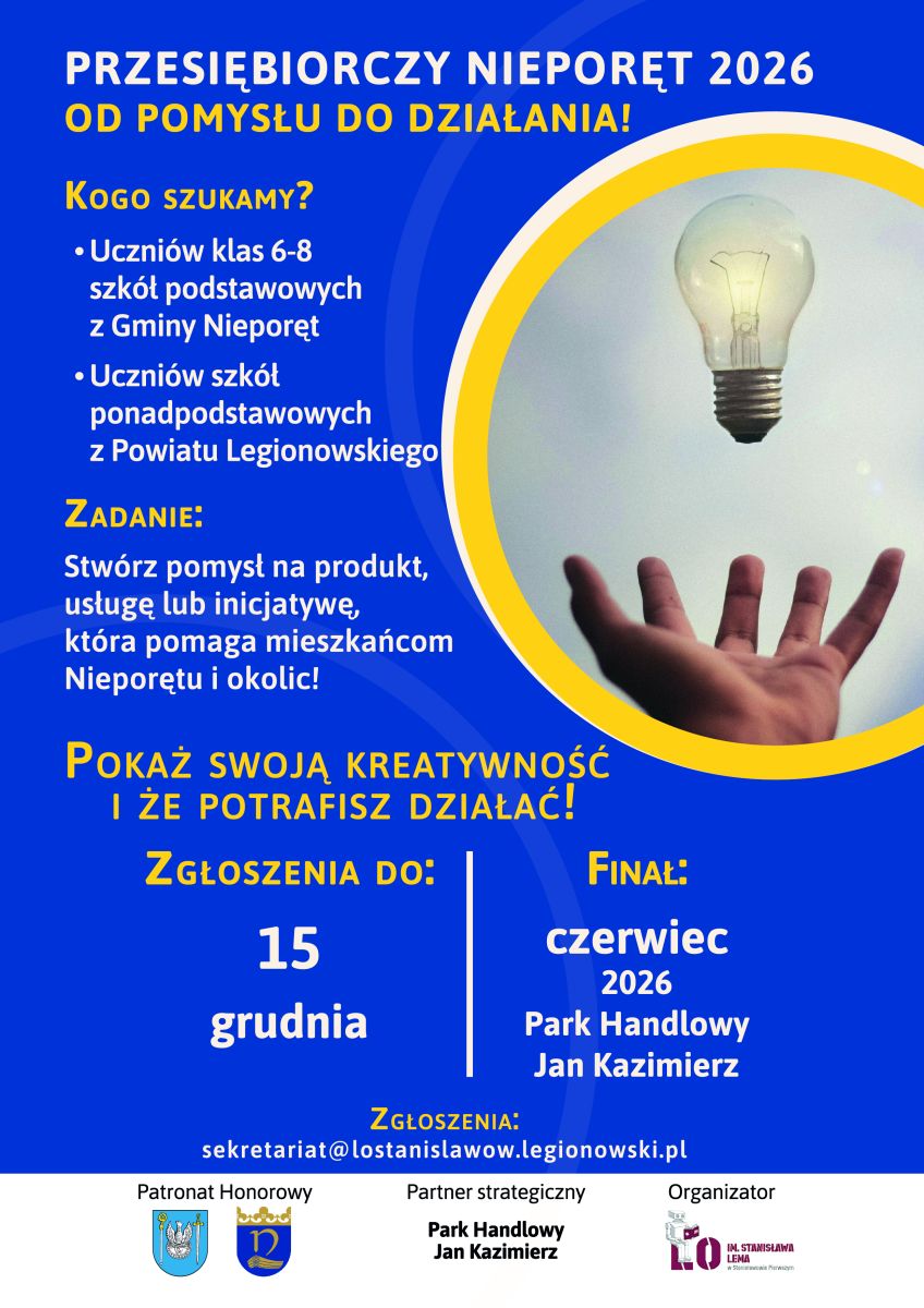 Na zdjęciu na niebieskim tle biało-żółty harmonogram dotyczący najważniejszych zagadnień konkursu z grafiką żaróki