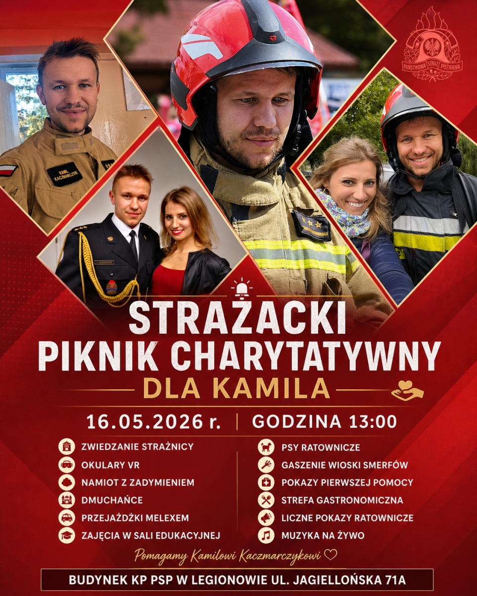 Czerwony plakat ze strażakiem
