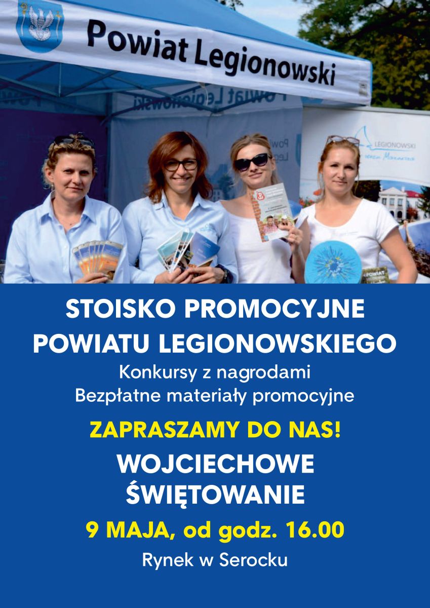 Plakat zapraszający do stoiska Powiatu na Wojciechowym Świętowaniu, szczegóły w aktualnosci.