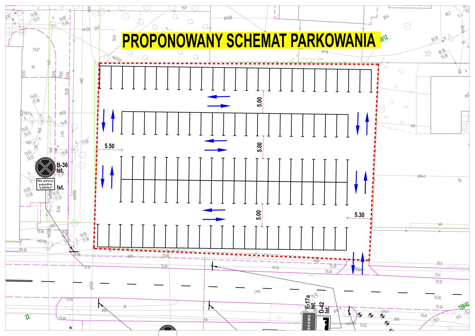 Rysunek techniczny przedstawiający plan parkingu oraz schemat parkowania.