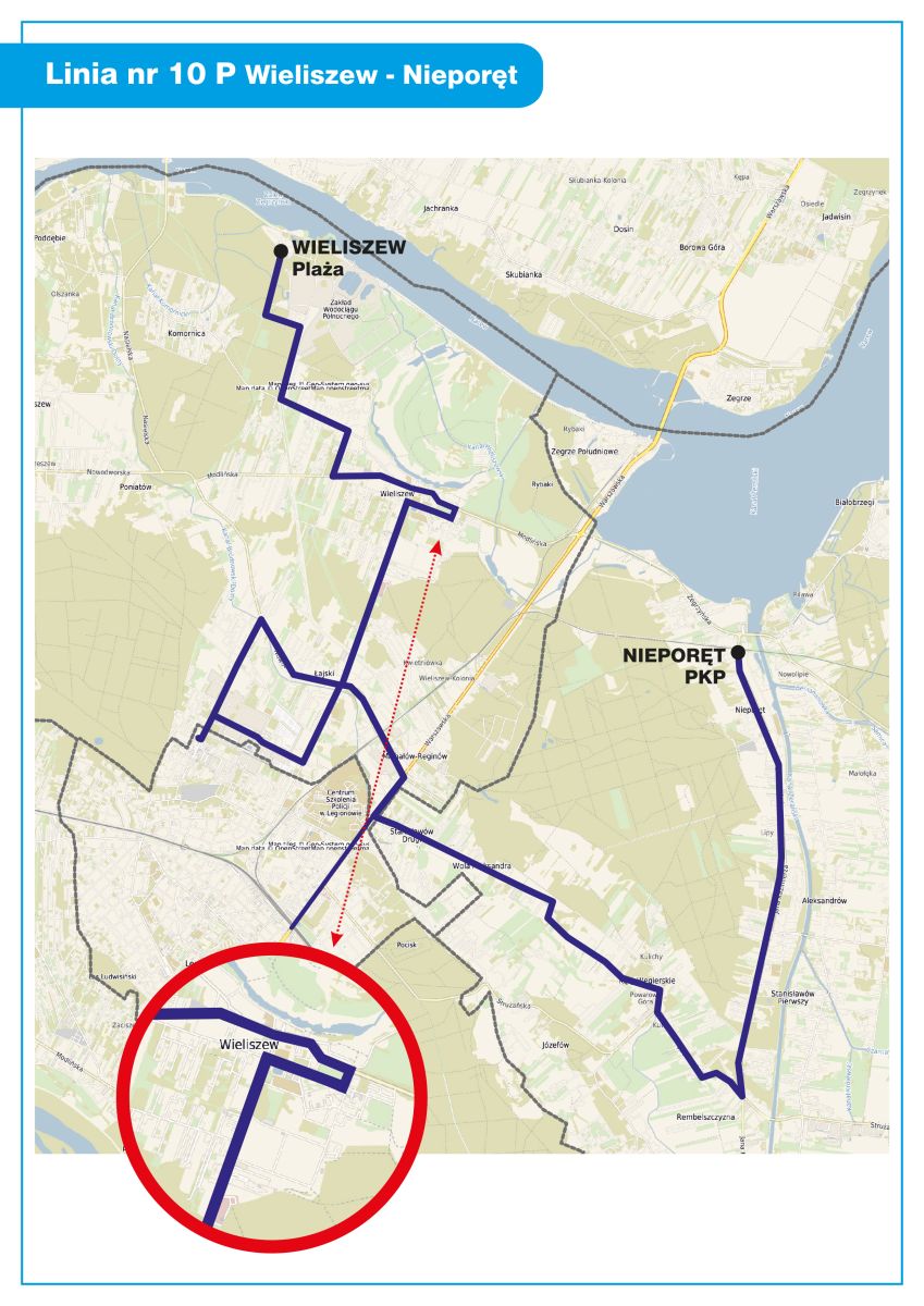 Mapa-schemat: Trasa Wieliszew - Nieporęt linii 10P od 2 czerwca