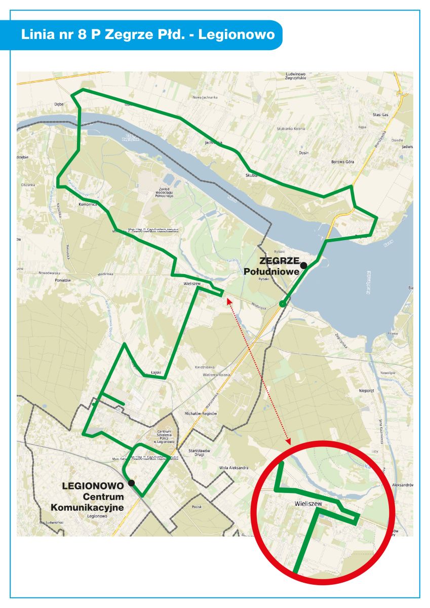 Mapa-schemat: Trasa Zegrze - Legionowo linii 8P od 2 czerwca