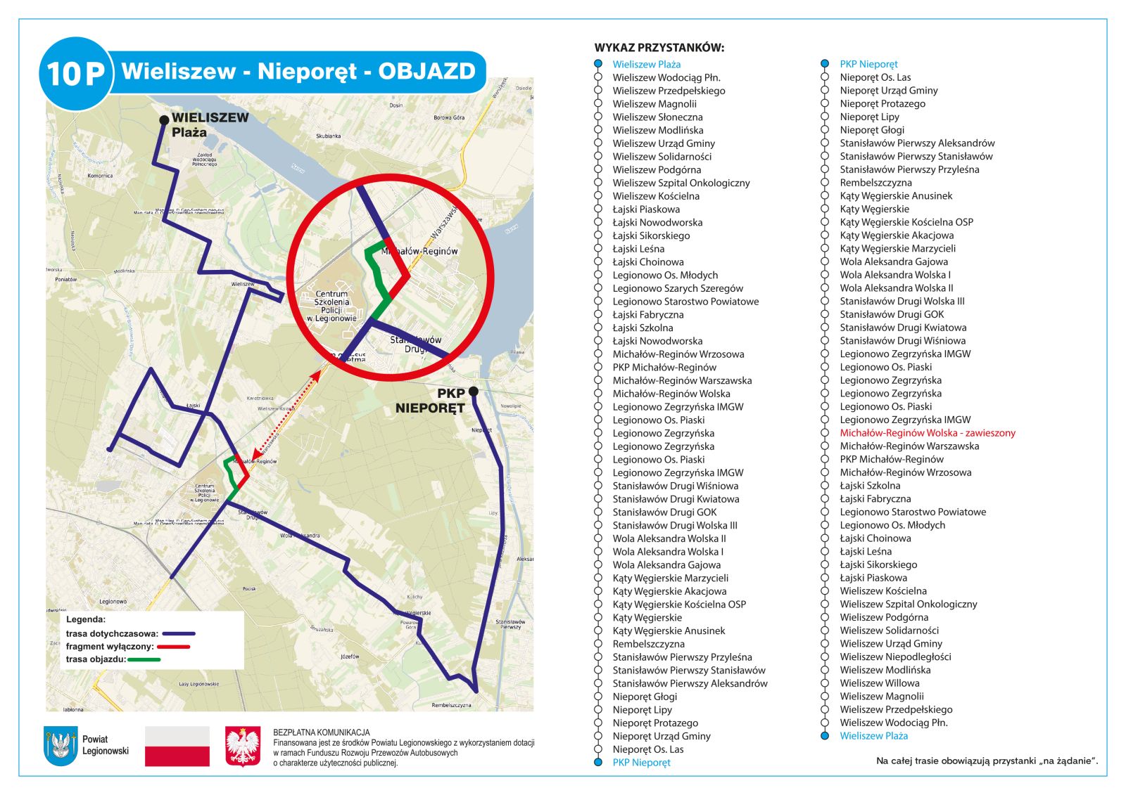 Trasa linii 10P - objazd i wykaz przystanków, plik .pdf załaczony do aktualności