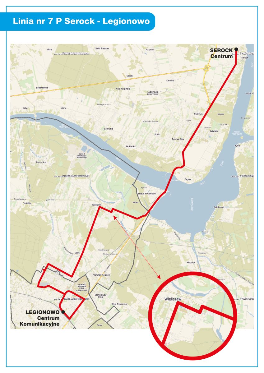 Mapa-schemat: Trasa Serock Legionowo linii 7P od 2 czerwca
