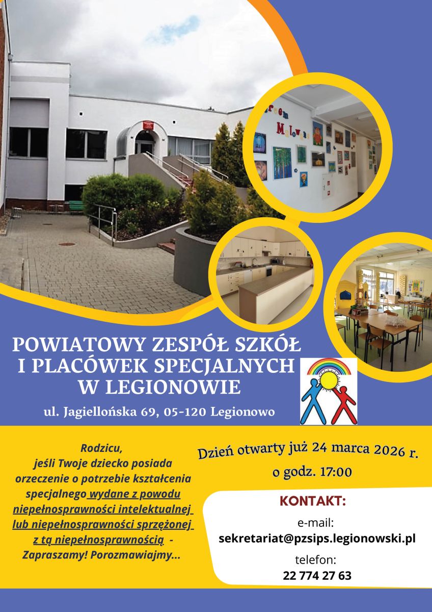 Plakat zapraszający na Dzień Otwarty w PZSiPS w Legionowie, szczegółowe informacje w aktualności. 