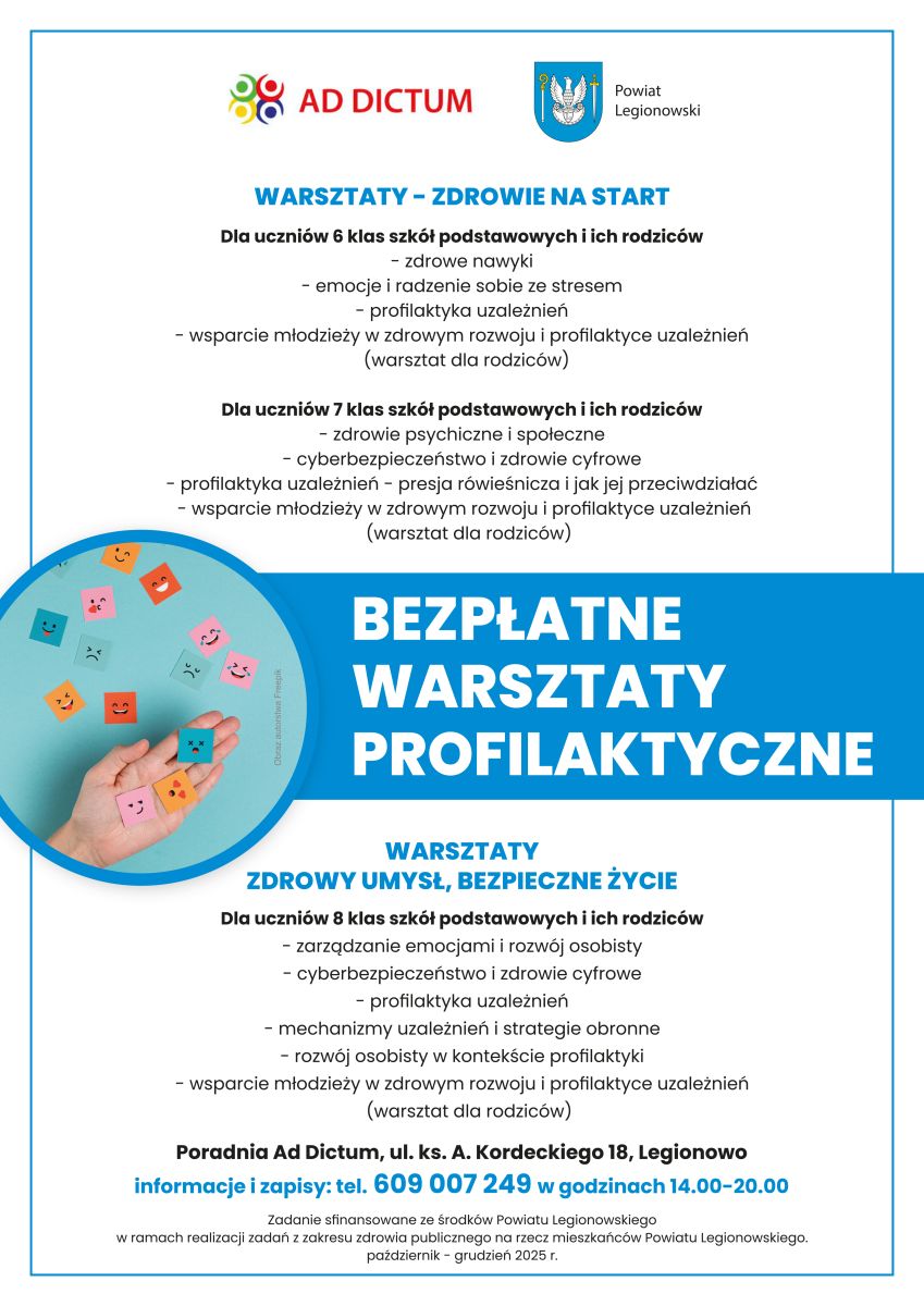 Plakat informujący o bezpłatnych warsztatach terapeutycznych, informacje w aktualności.