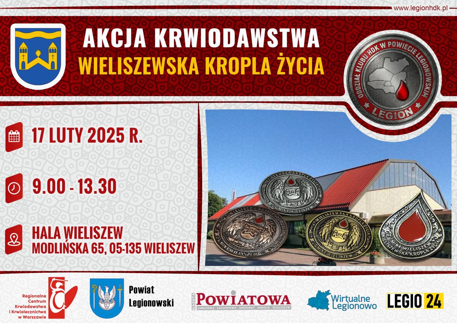 Plakat zapraszający na wydarzenie, w tle zdjęcie halo sportowej, logotypy Urząd Gminy Wieliszew, RCKiK w Warszawie, Powiat Legionowski, Gazeta Powiatowa, Wirtualne Legionowo, Legio24