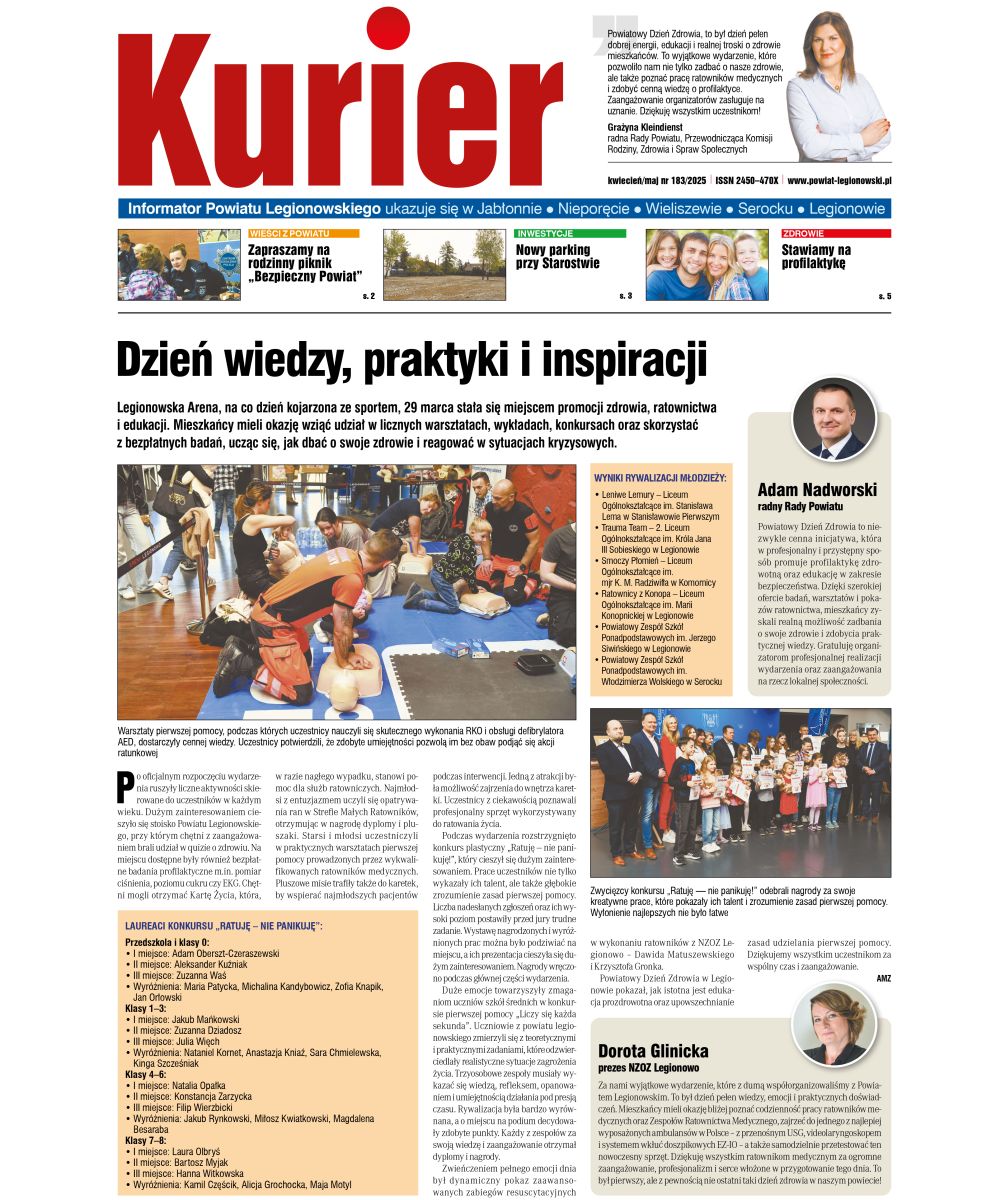 Pierwsza strona gazety Kurier Informator Powiatu Legionowskiego nr 183 kwiecień/maj 2025 r.