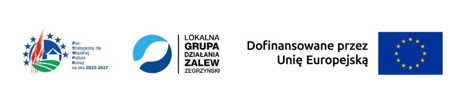 Belka z logotypami:  Plan Strategiczny dla Wspólnej Polityki Rolnej na lata 2023-2027, LGD ZAlew Zegrzyński, Unia Europejska