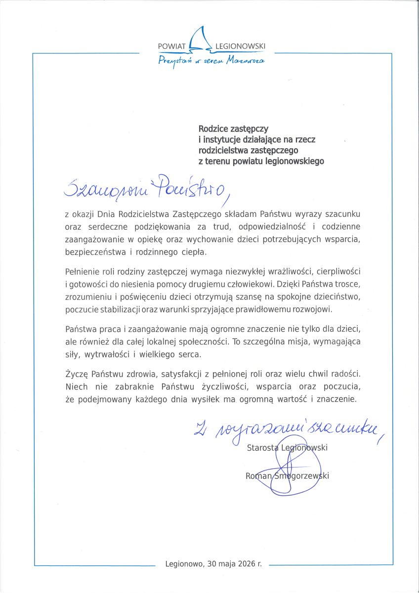 list  z okazji Dnia Rodziciestwa Zastępczego