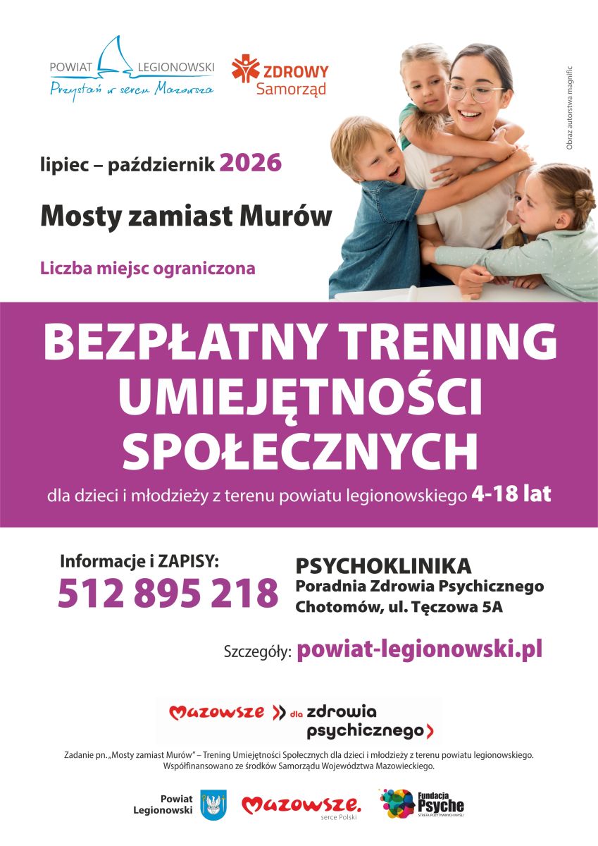 Plakat informujący o bezpłatnym Treningu Umiejętności Społecznych (TUS). Program „Mosty zamiast Murów”  szczegóły w aktualności
