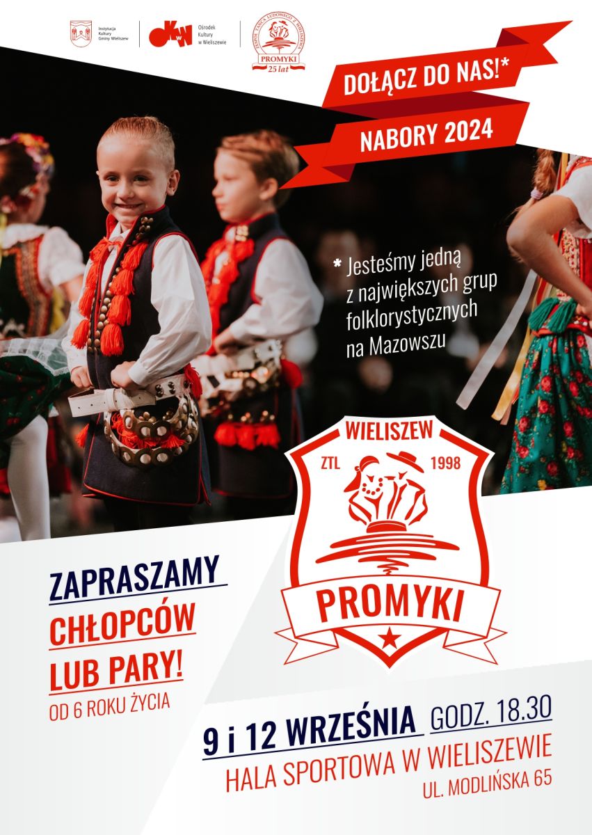 Plakat informujacy o naborze do zespołu tanecznego ZTL Promyki. Zawiera zdjęcie tańczących dzieci w strojach ludowych, logo zespołu Promyki oraz informacjeo naborze, które znajdują sie także w aktualnosci.