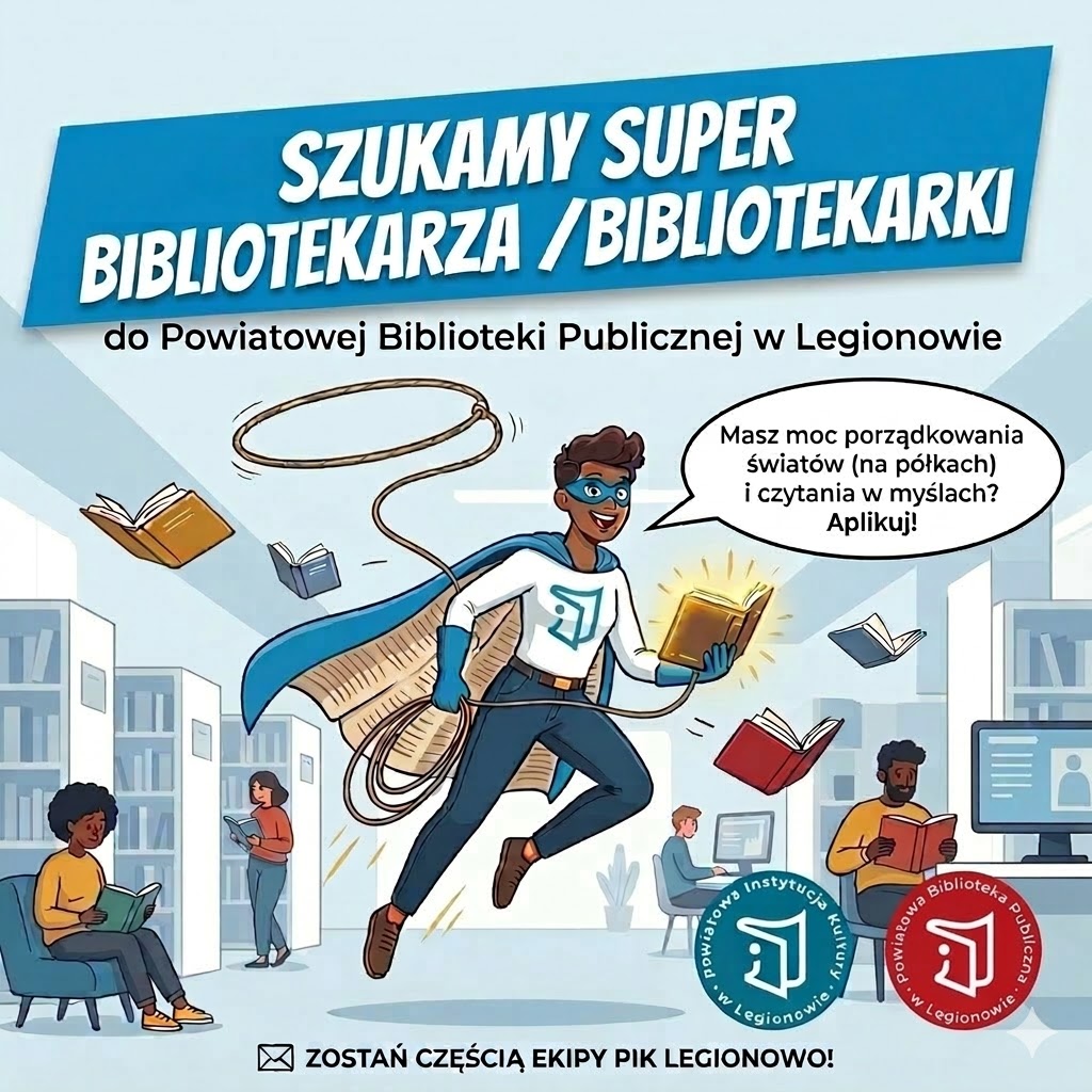 Plakat z superbohaterem  który stoi na straży książek