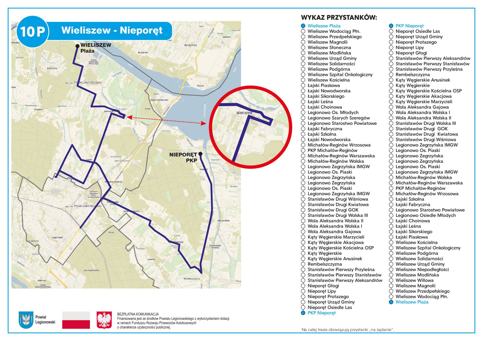 Mapa przebiegu linii 10P na trasie: Wieliszew Plaża > Łajski (ul. Nowodorska, ul. Suwalna) > Legionowo (ul. Suwalna, Centrum Przesiadkowe Olszankowa, ul. Szarych Szeregów, ul. Fabryczna) > Łajski (ul. Kościelna) > Michałów-Reginów > Legionowo (ul. Warszawska) >Nieporęt PKP