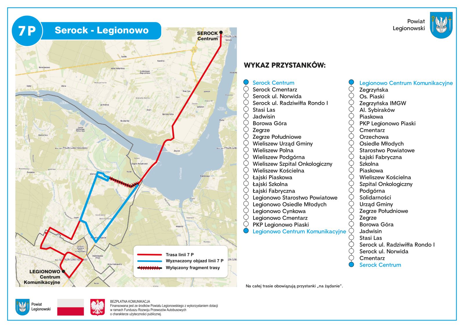 Schemat przebiegu trasy linii 7P na trasie: Serock > Jadwisin > Borowa Góra > Zegrze > Wieliszew > Legionowo (ul. Fabryczna, ul. Szarych Szeregów, ul. Suwalna, Centrum Przesiadkowe Olszankowa, Al. Legionów) > Centrum Komunikacyjne (od strony Osiedla Piaski)