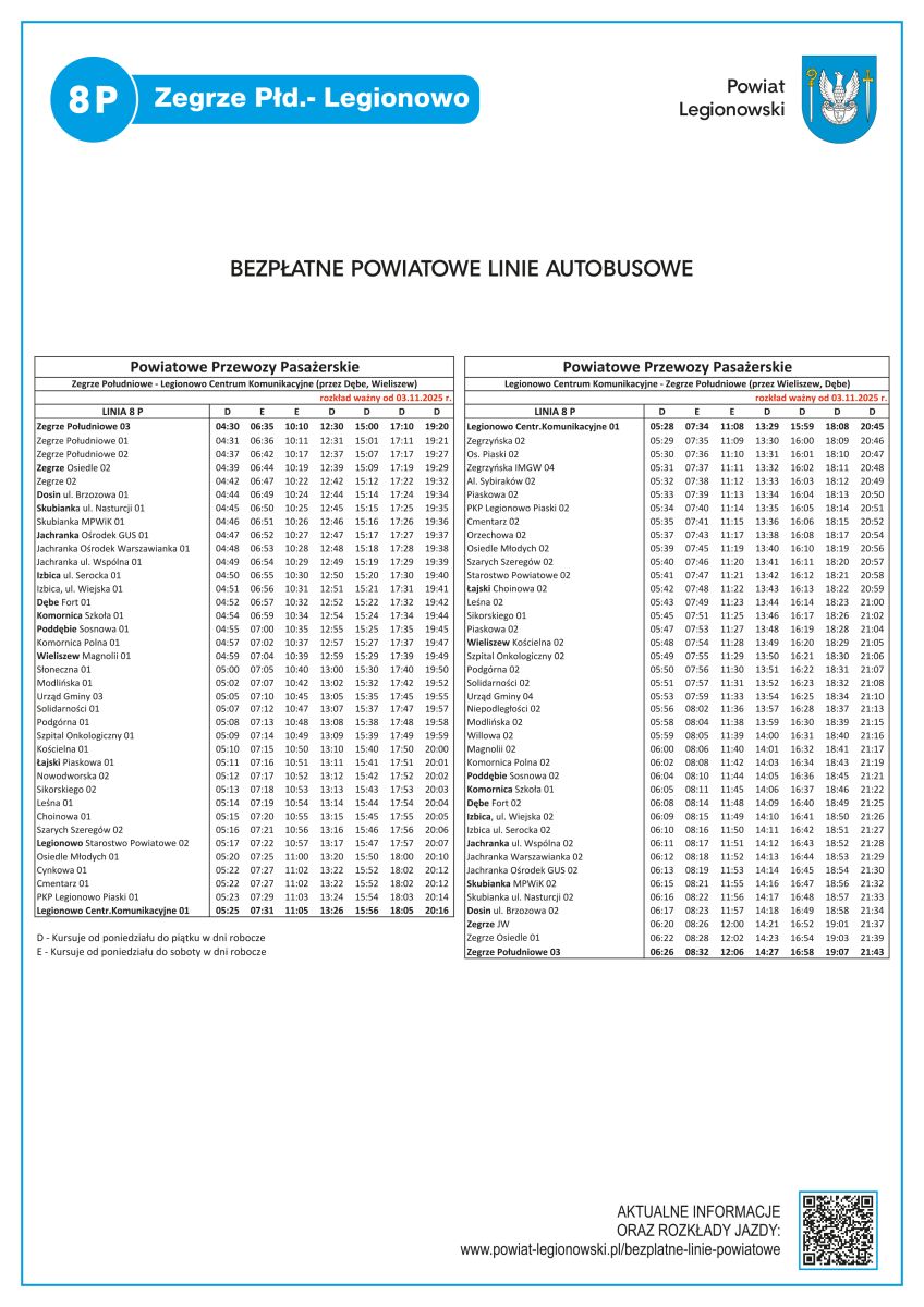 Rozkład linii 8P ważny od 3 listopada 2025