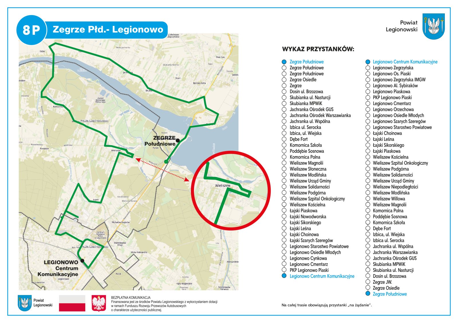 Mapa przebiegu linii 8P na trasie: Zegrze Południowe > Zegrze > Dosin > Skubianka > Jachranka > Komornica > Wieliszew > Łajski (ul. Nowodworska, ul. Suwalna) > Legionowo (ul. Szarych Szeregów, ul. Suwalna, Centrum przesiadkowe Olszankowa, Al. Legionów) > Centrum Komunikacyjne (od strony Osiedla Piaski)