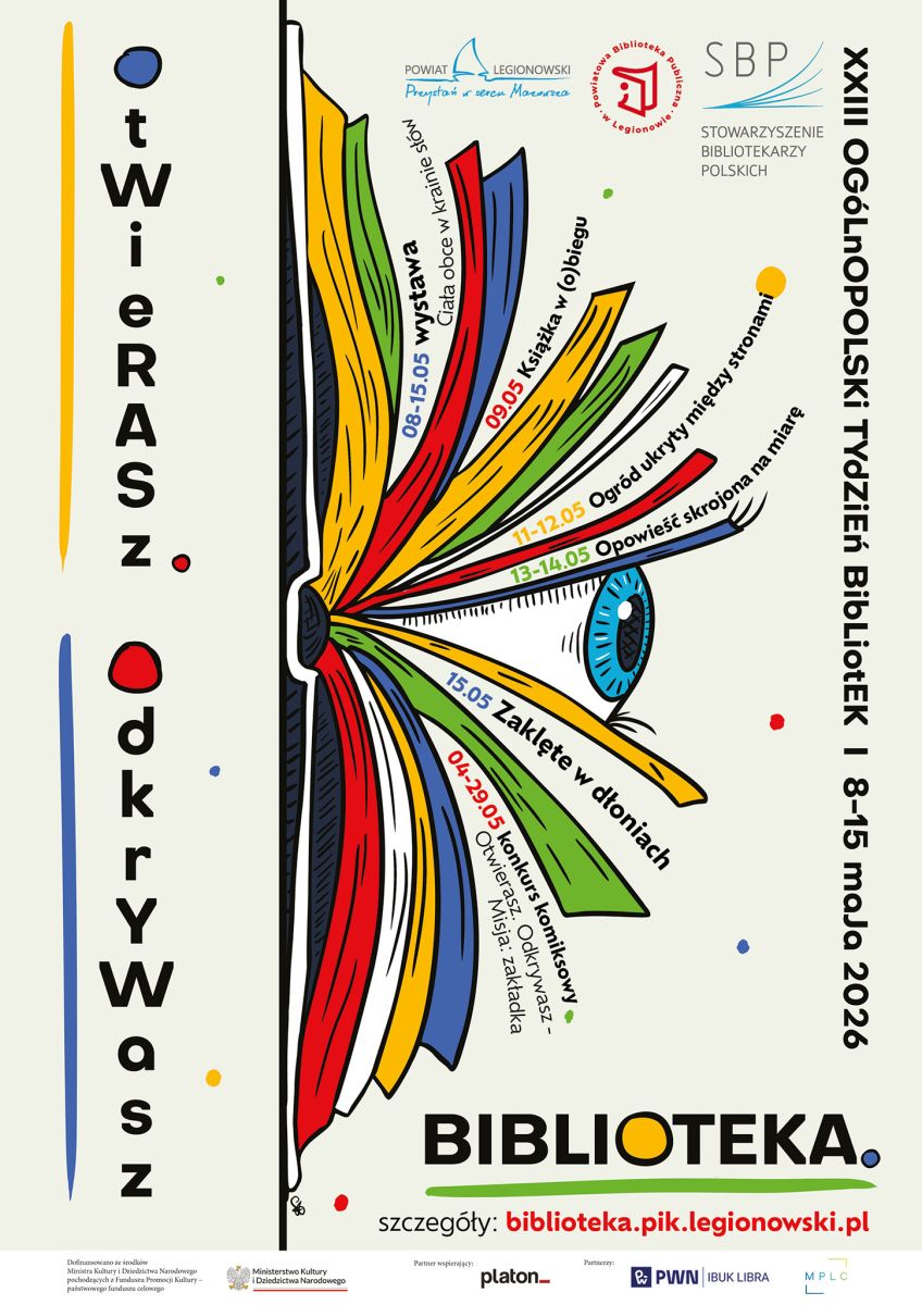 Plakat promujacy Tydzień Bibliotek z Powiatową Biblioteką Publiczną szczegóły w aktualności
