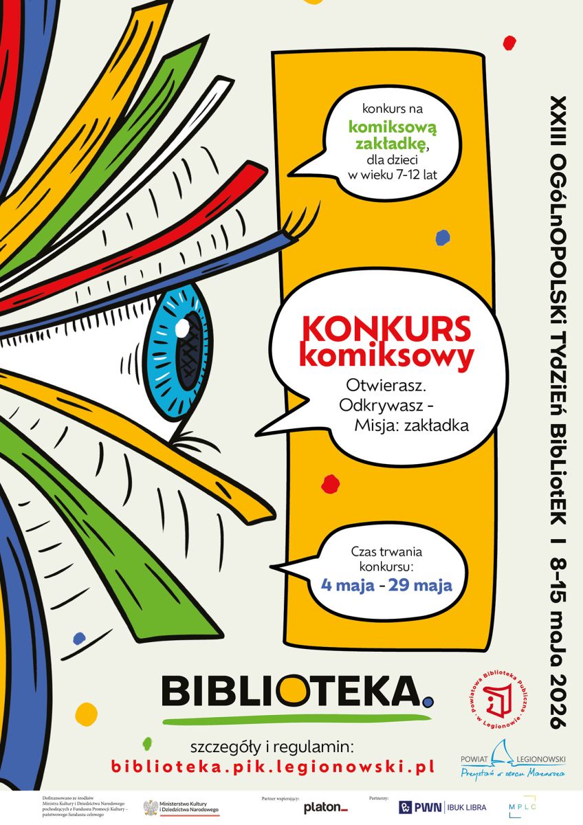 Plakat promujący konkurs na komiksowa zakładke, szczegóły w aktualnosci.