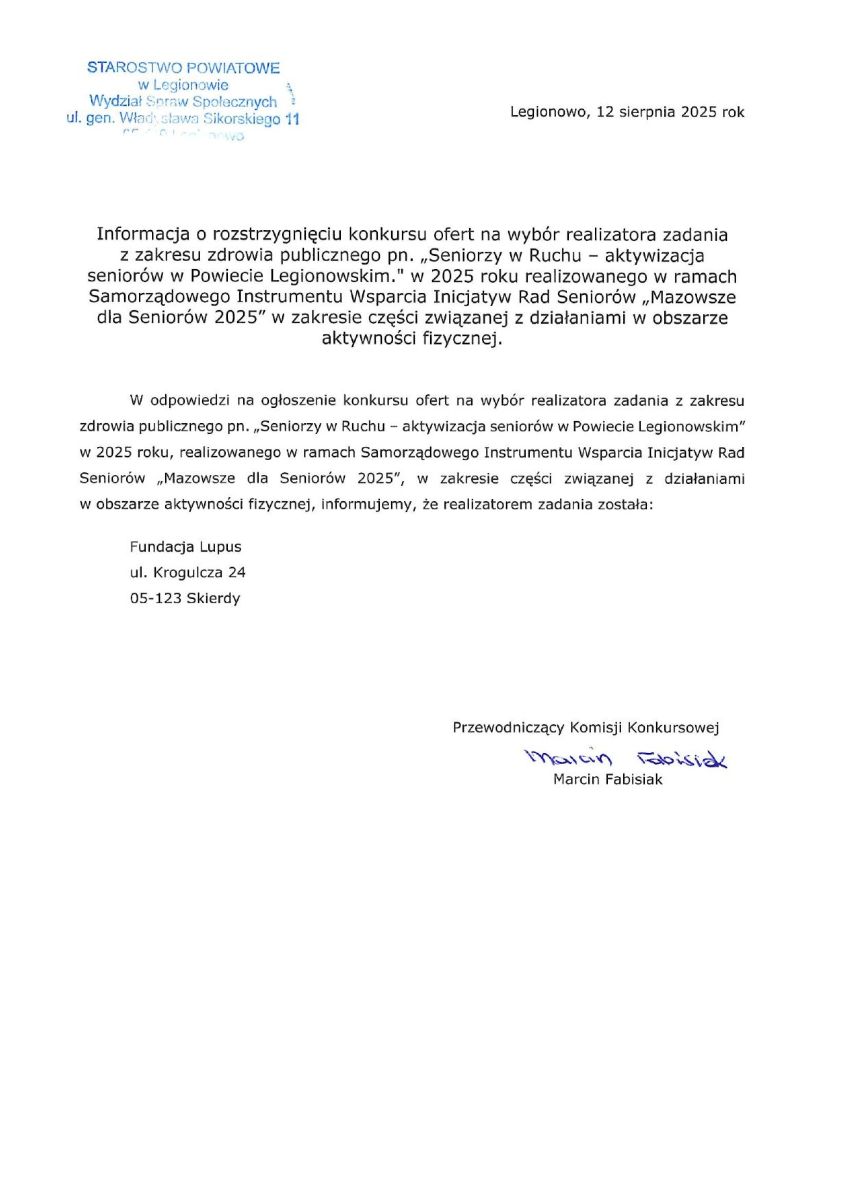 Informacja o rozstrzygnięciu konkursu ofert