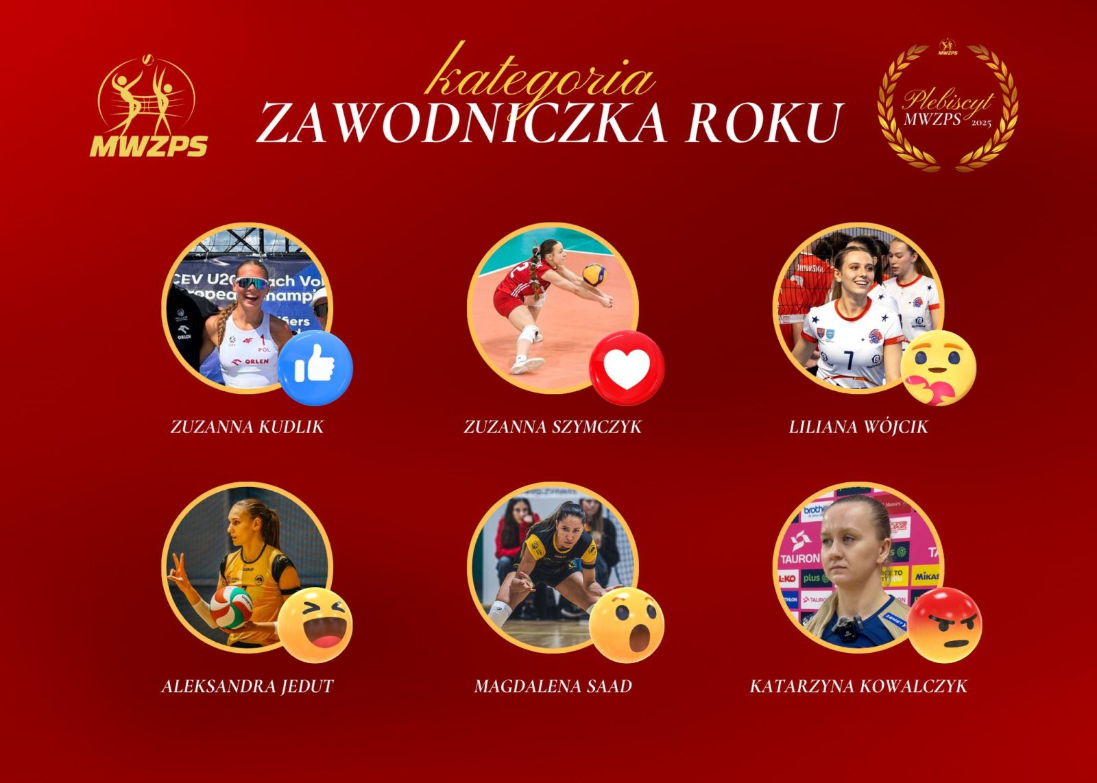 Na zdjęciu widoczne są zawodniczki plebiscytu sportowego wraz z przypisanymi reakcjami