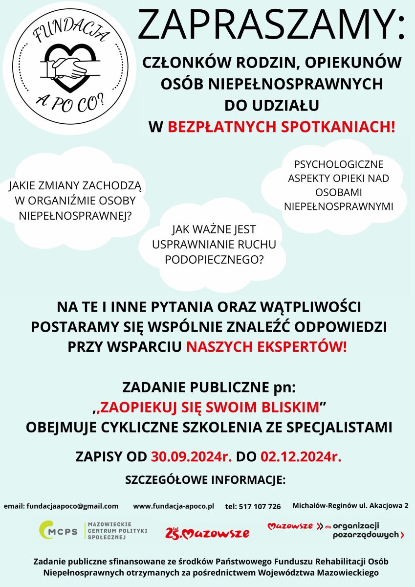 plakat zapraszający na bezpłatne spotkania z logotypem fundacji A Po Co? szczegóły w aktualności